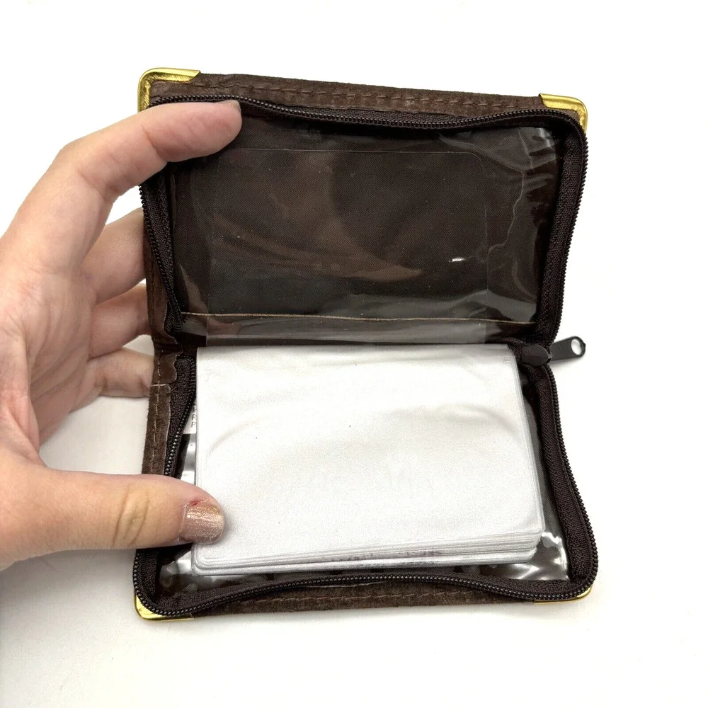 New Vintage English Leather Brown Suede Zip Around Bifold Photo Wallet 5x3.25